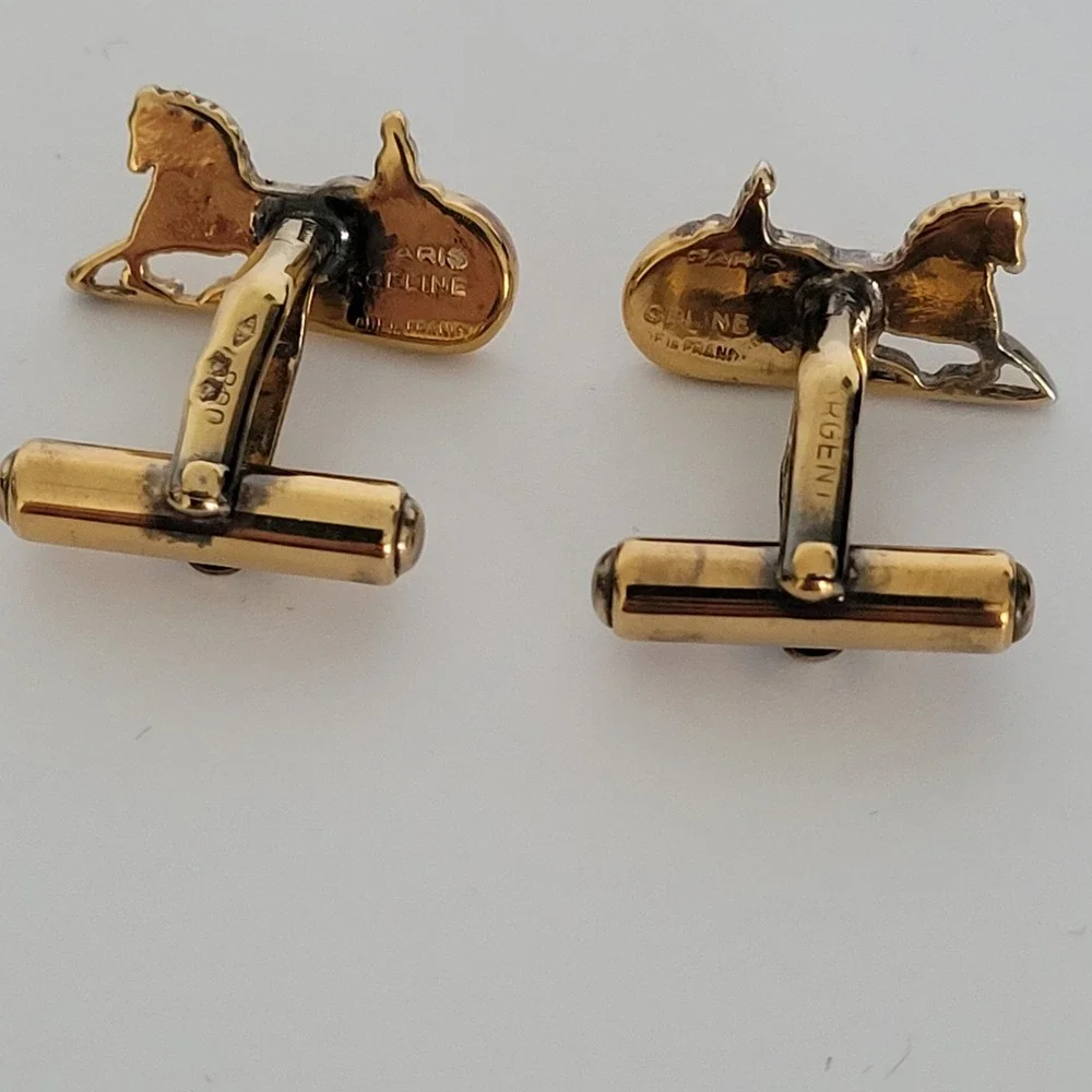 Celine Paris Vintage Horse Carriage Cufflinks Gold Tone Sterling Silver‎ Argent